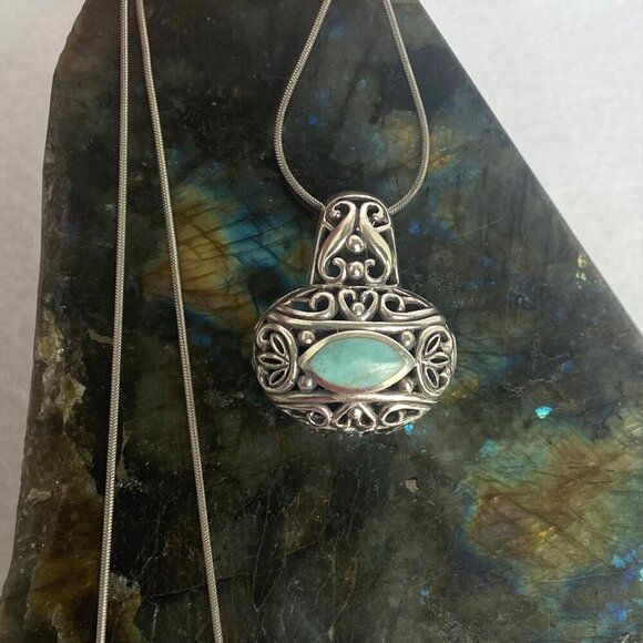 Sterling Silver 925 Chunky Bali Style Scrollwork Turquoise Pendant Necklace 18" - Picture 6 of 16